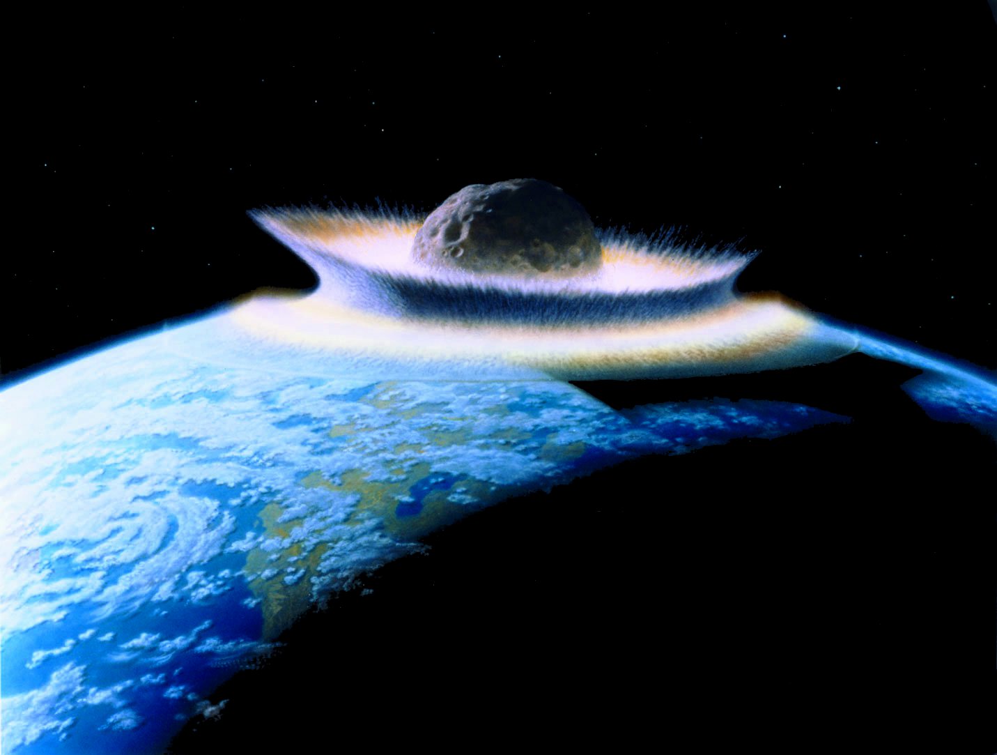 Artist&#039;s impression of a 1000km-diameter planetoid hitting a young Earth